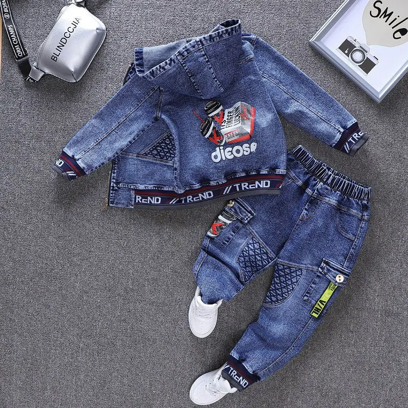 Children Spring Autumn Boy Girl 2PCS Clothing Set Cotton Hoodied Denim Coat +Solid Jeans Pants Baby Boys Outfits