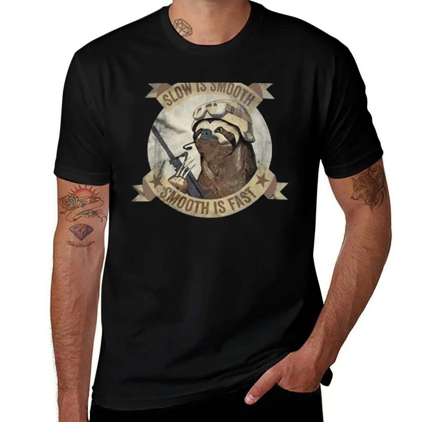 Slow Is Smooth Smooth Is Fast Sloth Guns Sticker T-Shirt Daily Wear Plain Short Sleeve Shirt