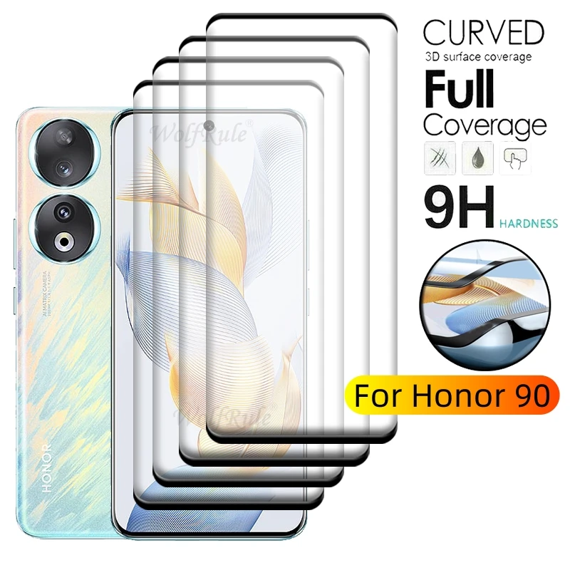 1-4PCS For Honor 90 Glass Honor 90 Tempered Glass Protective 9H Full Cover Curved For Screen Protector Huawei Honor 90 Honor90