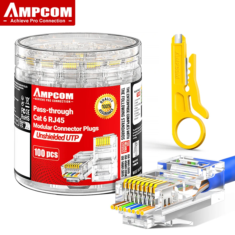AMPCOM RJ45 Modular Plug in Canister Packaging Pass-Thru CAT6 Connector UTP 3μ 8P8C Crimp End for Ethernet Cable,100/50/30PCS