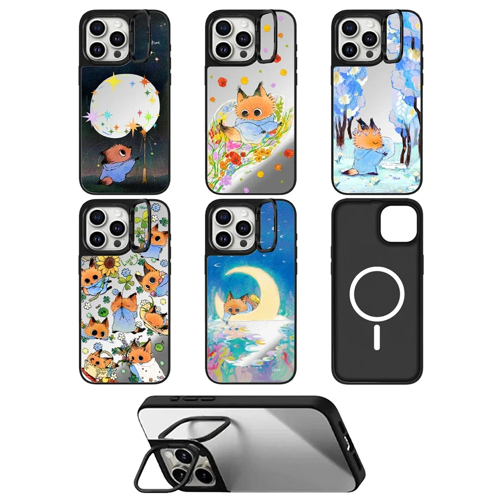 Cute Fox Camera Stand Mirror Magnetic Phone Cases Cover for IPhone 16 15 14 Pro Max Cases