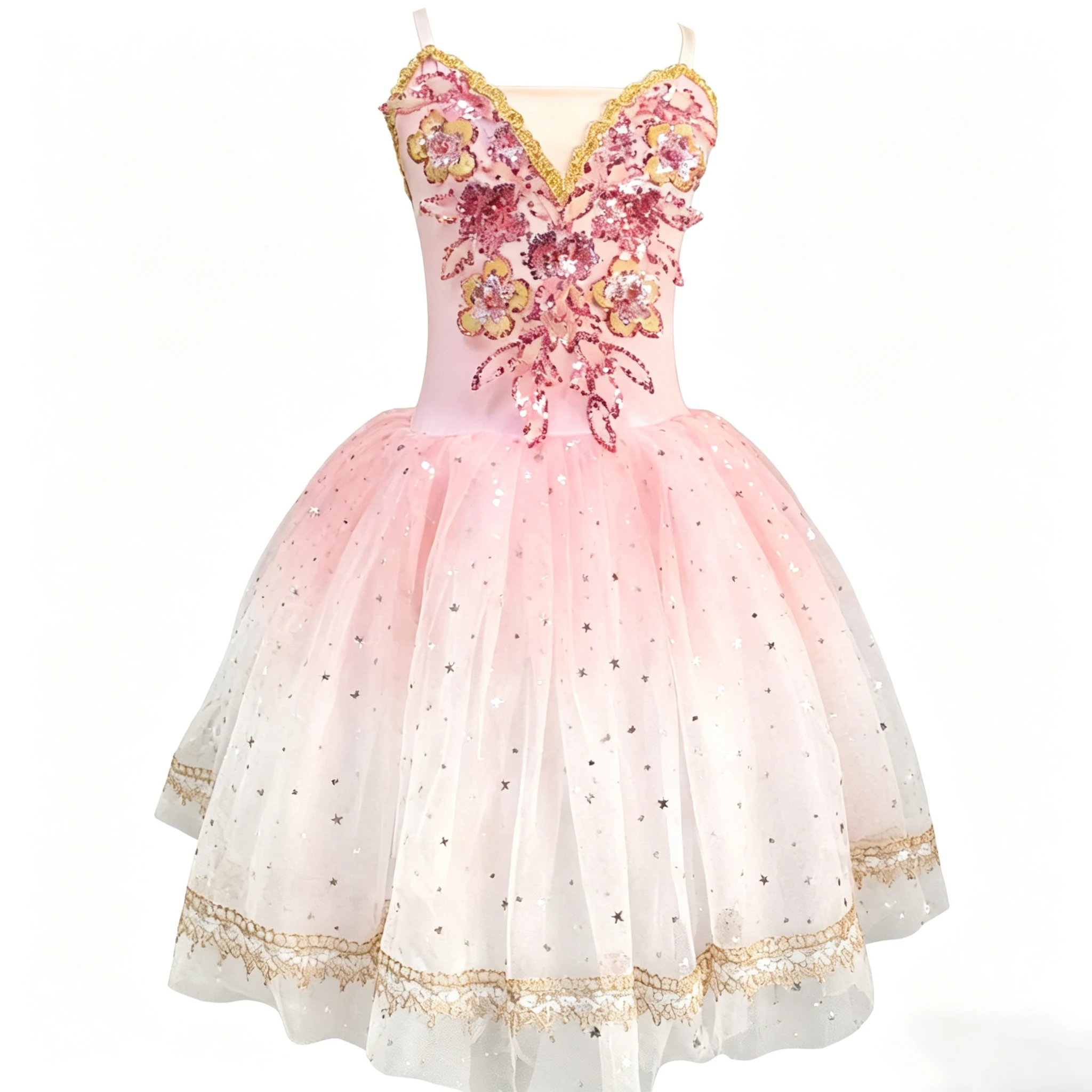 Ballerina Party Dress Children Girl Dance Costumes Gradient Color Flower Sequin Gauzy Professional Romantic Tutu Ballet Dress