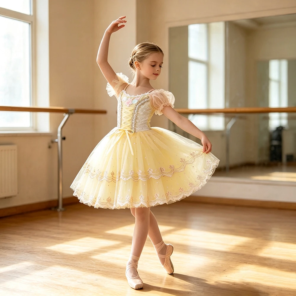 Girls Professional Tutu Ballet Skirt Yellow Long Romantic Tutus Children's Ballerina Dress Stage Performance Costume Party Wear