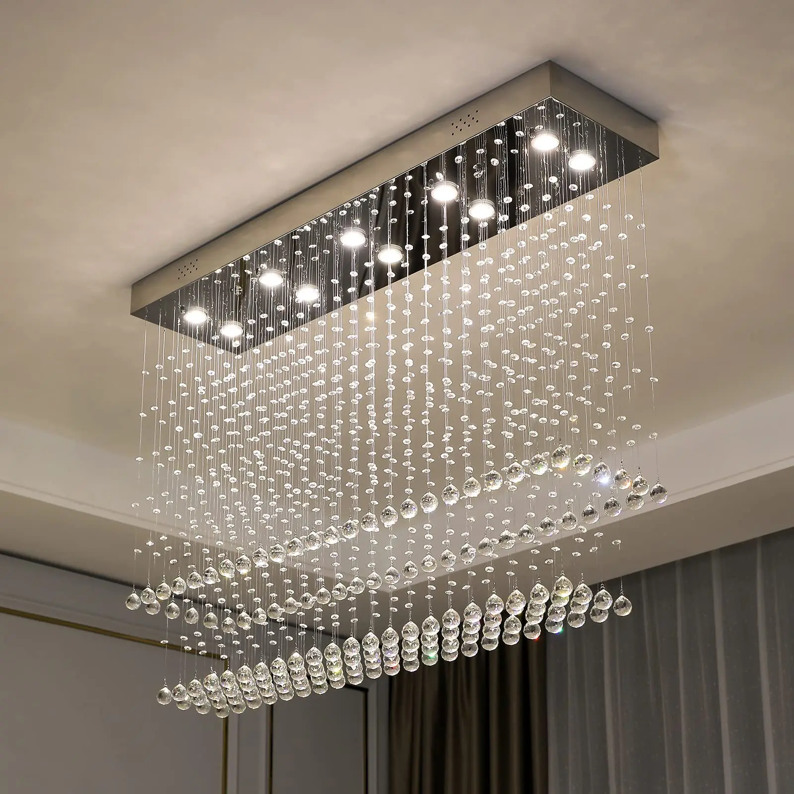 Modern Rectangular Crystal Chandelier Ceiling Lighting Fixture Raindrop Pendant Flush Mount Light for Dining Rooms Kitchen