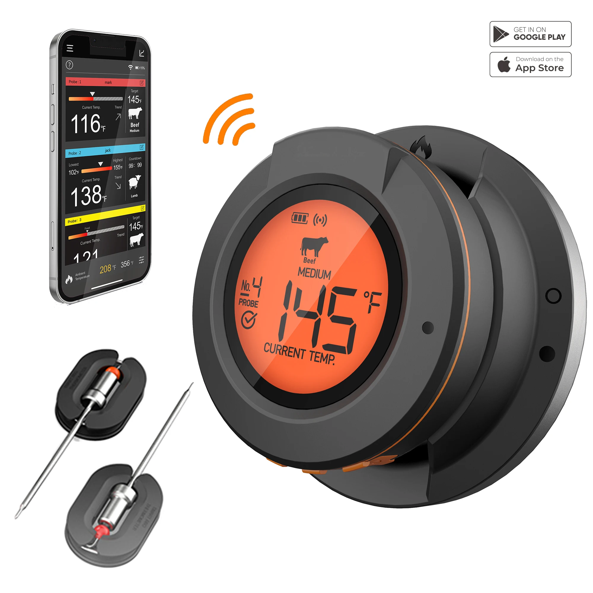 Bluetooth Meat Thermometer with App Wireless BBQ Grill Probe for Smoker, Gas&Charcoal Grills 5-Channel Digital Food Thermometer
