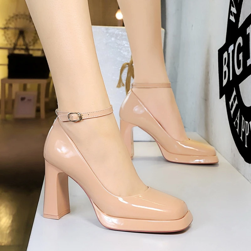 European American Style Simple Thick Heeled Super High Heel Waterproof Platform Patent Leather Square Head Strap Single Shoes