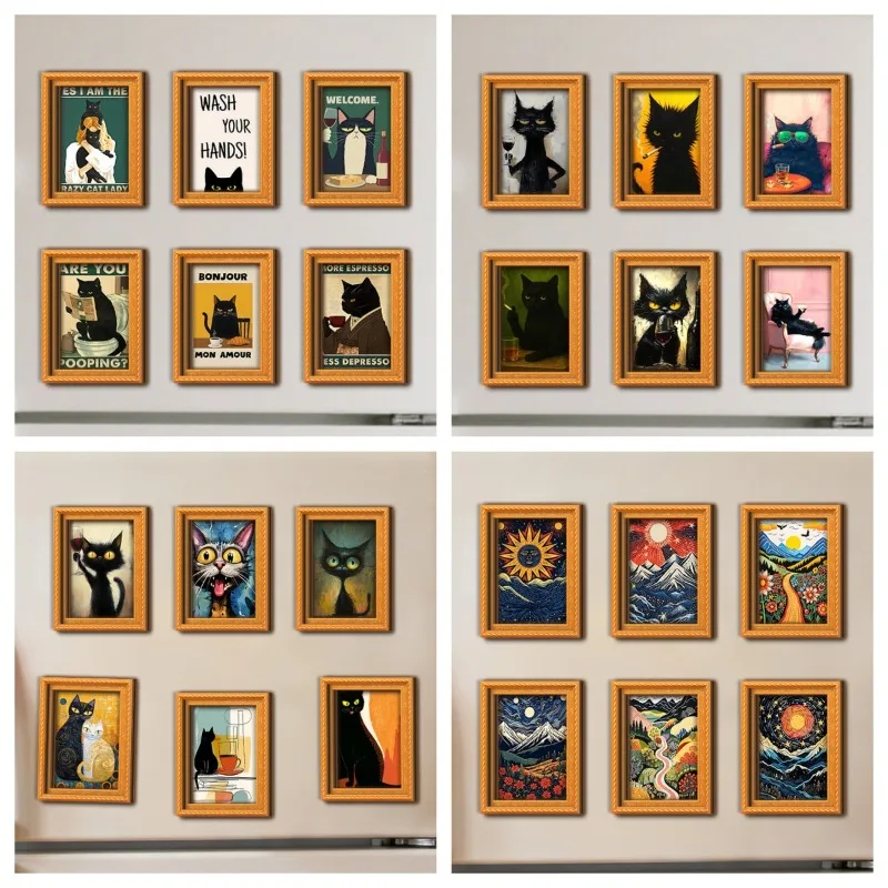 6Pcs/set Wooden Refrigerator Magnet Artwork Fridge Magnet Sticker Frame Hanging Picture Stickers Party Gift for Guest Home Decor