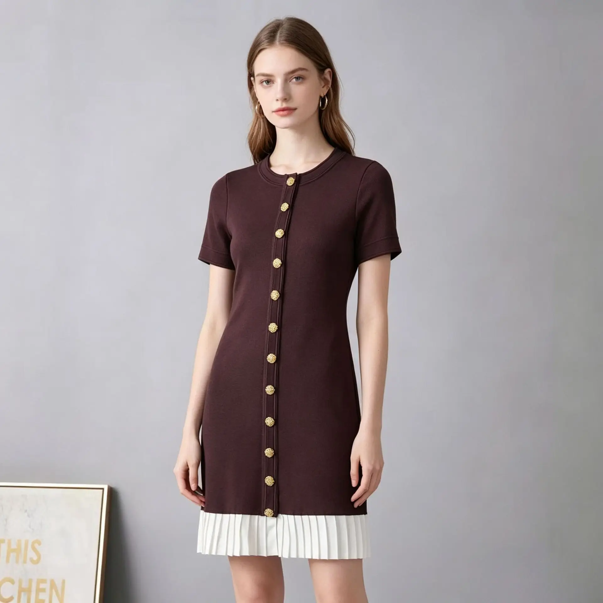 Women's French Style Knit Dress Vintage Single Breasted Slim Fit Mini Dress Short Sleeve Pleated Hem Elegant Office Lady Party
