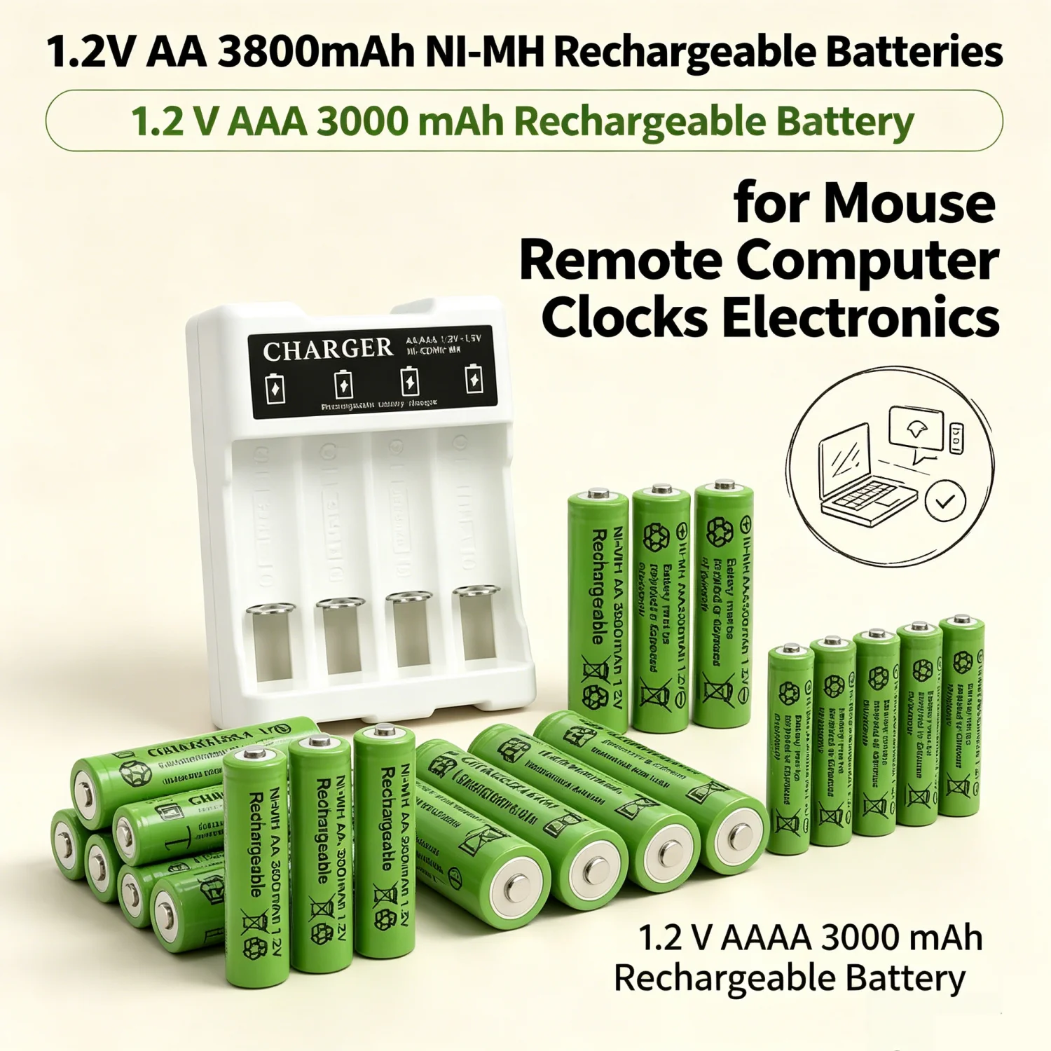 1.2V AA 3800mAh NI-MH Rechargeable Batteries 1.2 V AAA 3000 mAh Rechageable Battery for Mouse Remote Computer Clocks Electronics