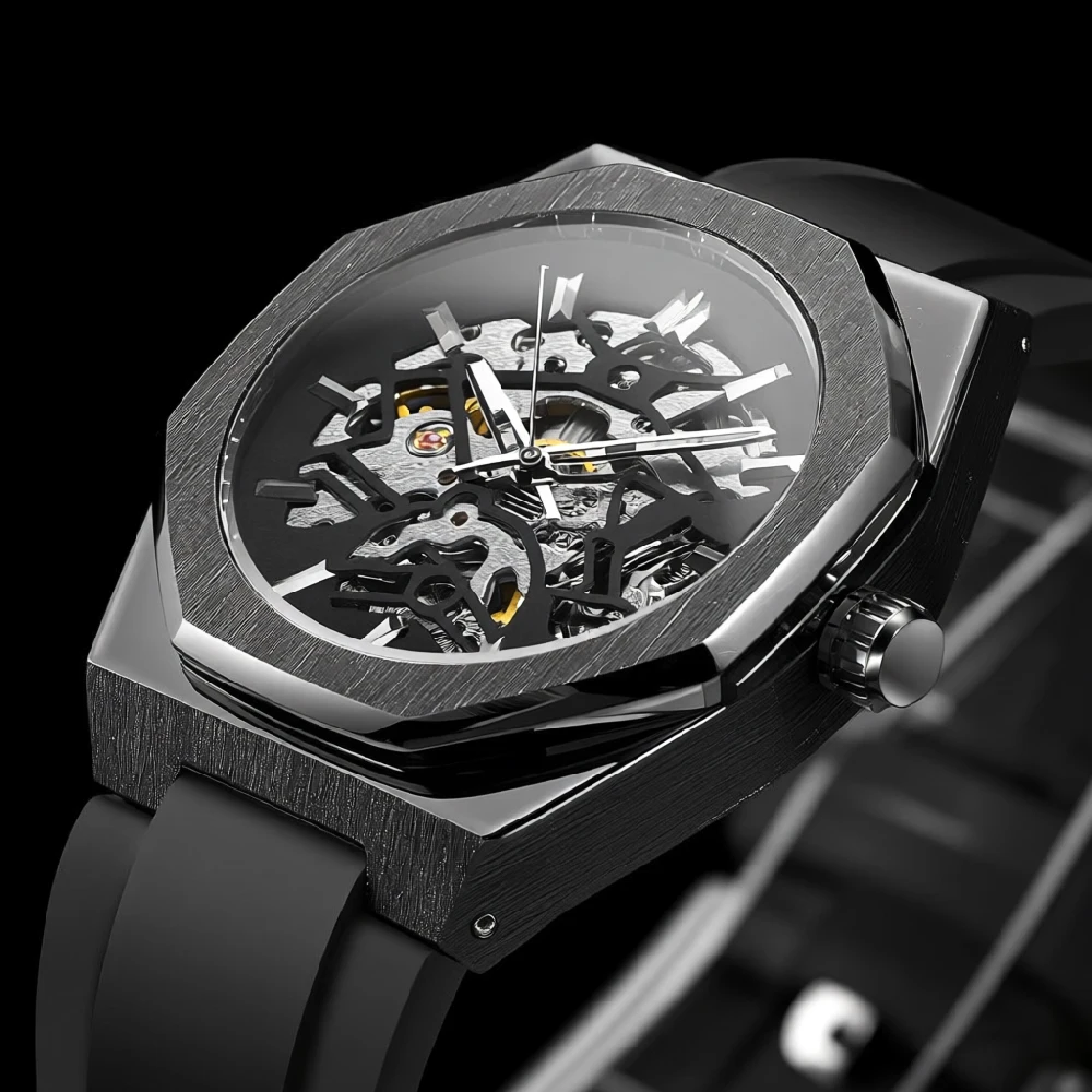 FORSINING Mens Skeleton Automatic Mechanical Watch Open Heart Sports Octagon Case Luminous Hands Black Silicone Rubber Strap