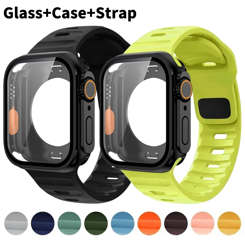 Silicone strap+Glass case For Apple Watch Band 46mm 40 41 44 45 Screen Protector Change to Ultra Frame For iWatch 10 9 8 7 6 SE
