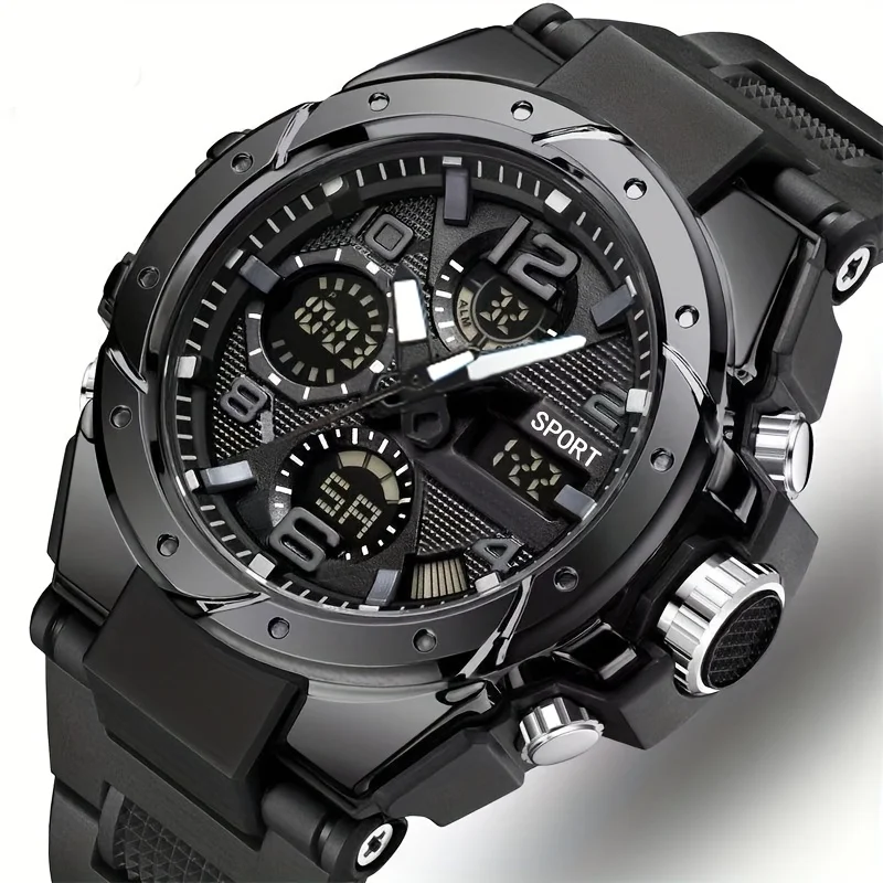 Rugged Dual Display Men's Sports Watch - Automatic Quartz & Digital, Black Alloy Case, TPU Strap, Chronograph & Alarm, Multifunc