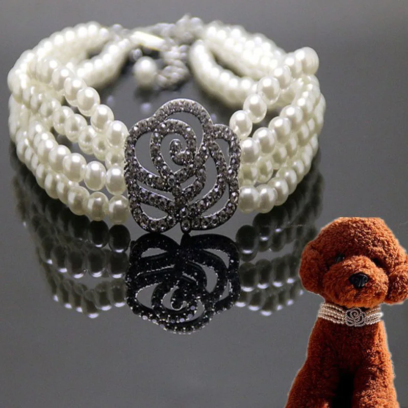 Luxury Dog Collar Necklace Four-Rows Pearl Diamond Jewelry Flower Rhinestone Chain Collar For Dog Neck Decor Supplies 20/25/30cm