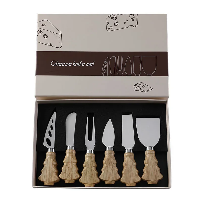 Western knife Christmas tree rubber wooden handle cheese knife butter knife gift box cheese  set of 6 pieces.