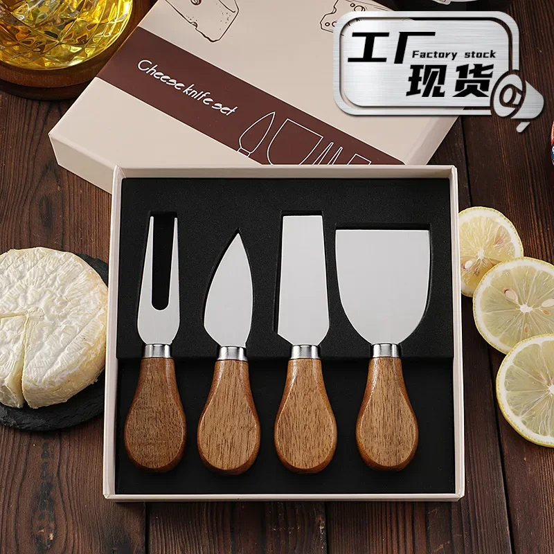 4pcs Acacia wooden handle cheese knife stainless steel cheese knife and butter knife gift box 4-piece cheese  set.