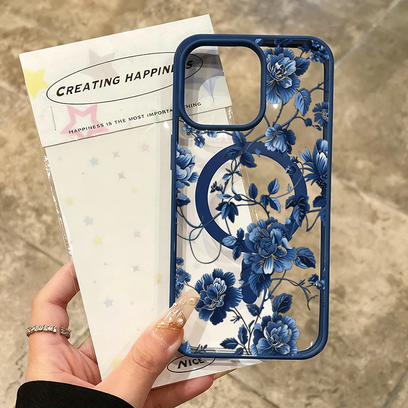 Retro And Porcelain Floral Pattern Magnetic Phone Case for iPhone 11 12 13 Pro Max 14 15 16 Plus 17 Pro Max 17 Air 17e 16e Cover