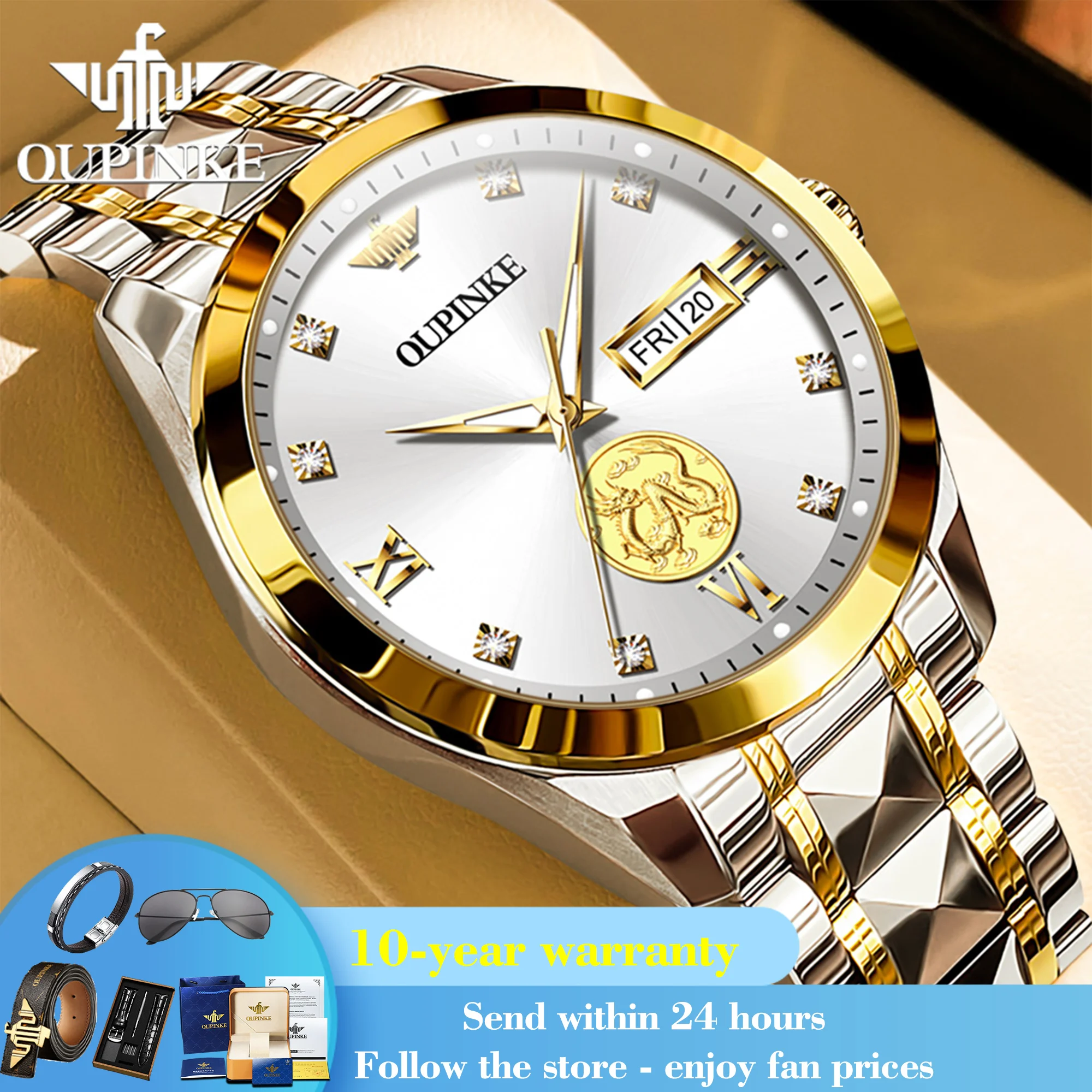 OUPINKE 3259 Men Automatic Watch Real Gold Dual Calendar Mechanical Watch For Men Luxury Waterproof Top Brand Dress Wristwatch