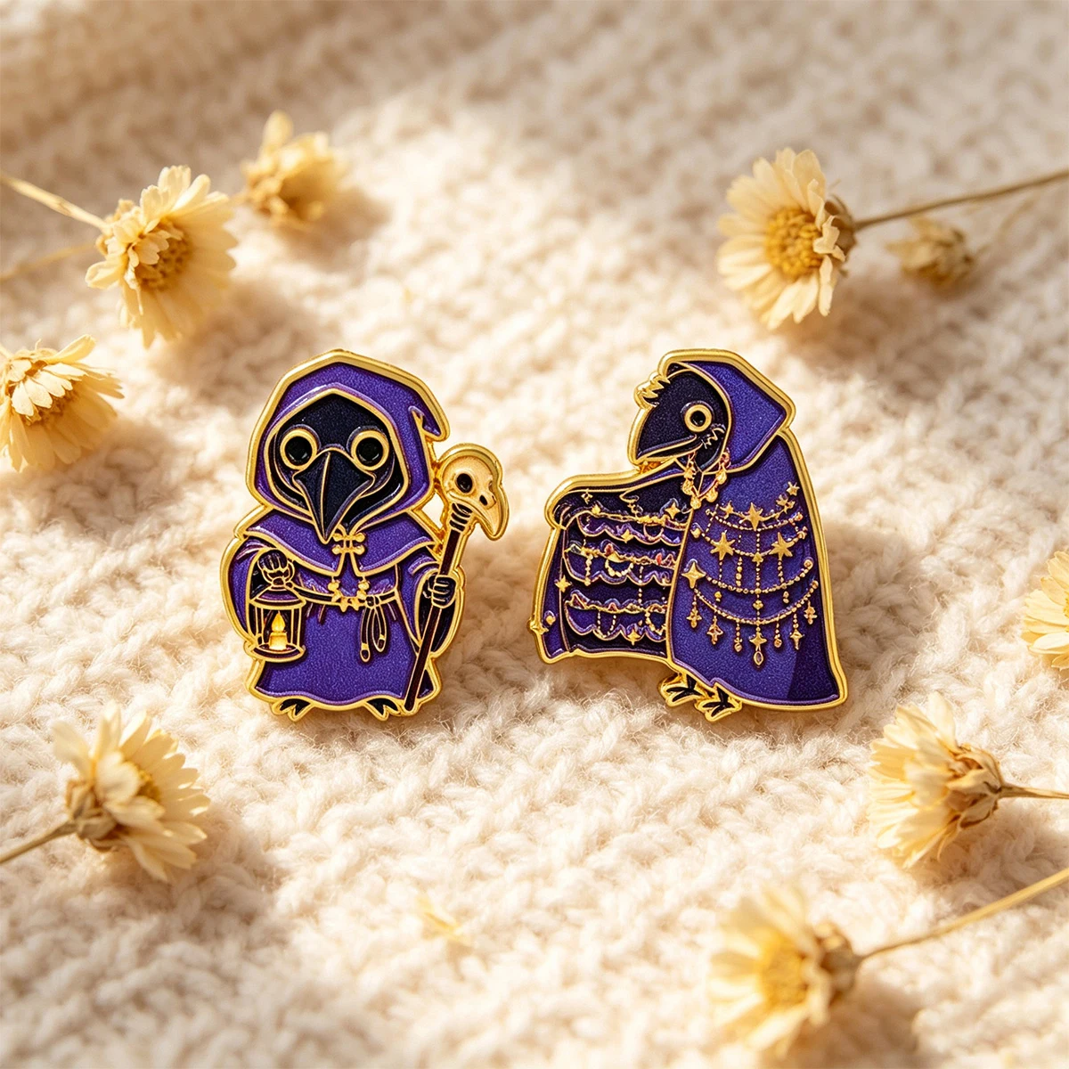 2pcs Purple Wizard Crow Doctor Enamel Lapel Pin Gothic Punk Brooch Badge Jewelry Clothes Backpack Decor Accessory Gift