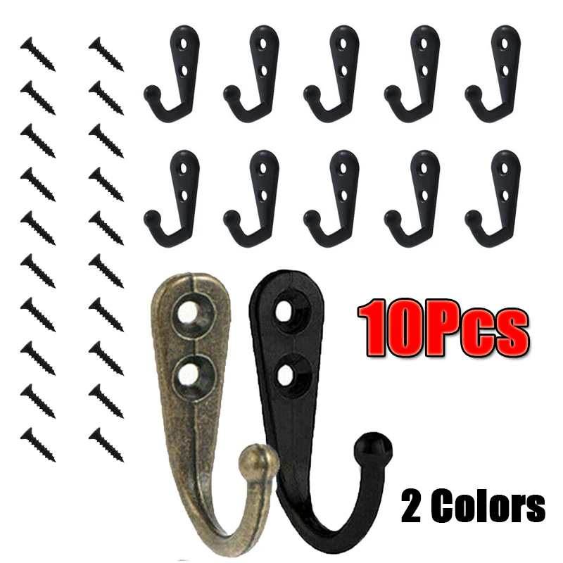 10Pcs Wall Mounted Coat Hanger Hook Rustic Robe Hook Black Metal Towel Hook Vintage Hanger For Hat Key Closet Bag Backpack