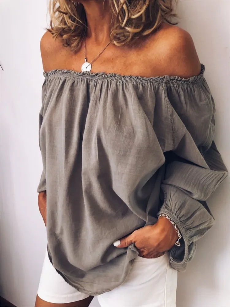 Spring Women Blouse Long Sleeve Casual Solid Color Off Shoulder Female Shirts Dressing Up Elastic Collar Lady Streetwear Shirt