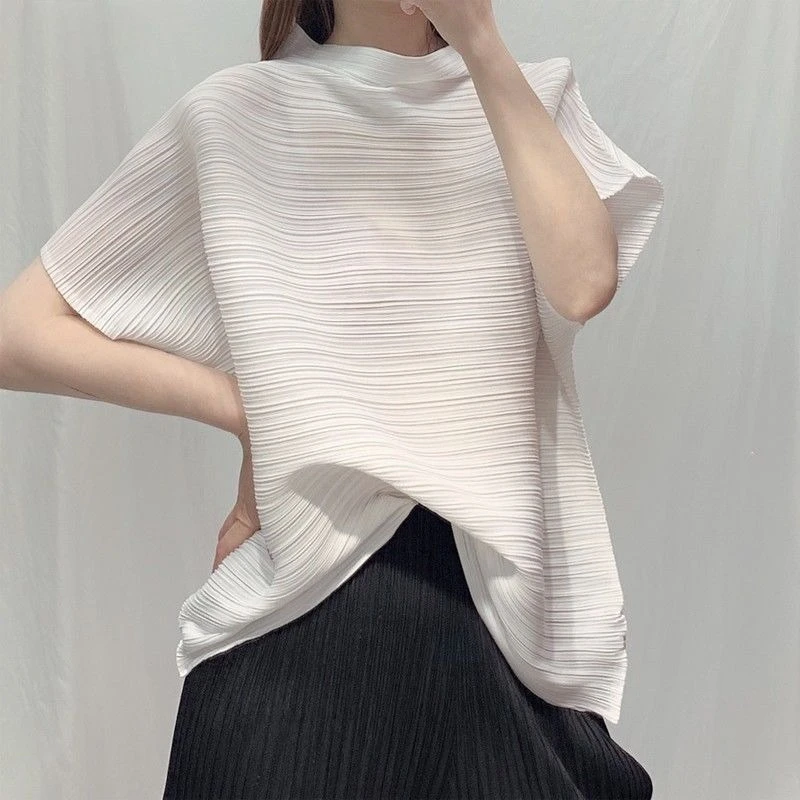 Luxury Pleated T-shirt Women Summer Shirts Tops Short Sleeve Loose Tees Design High-end Office Lady Oversized T Shirt Aesthetic