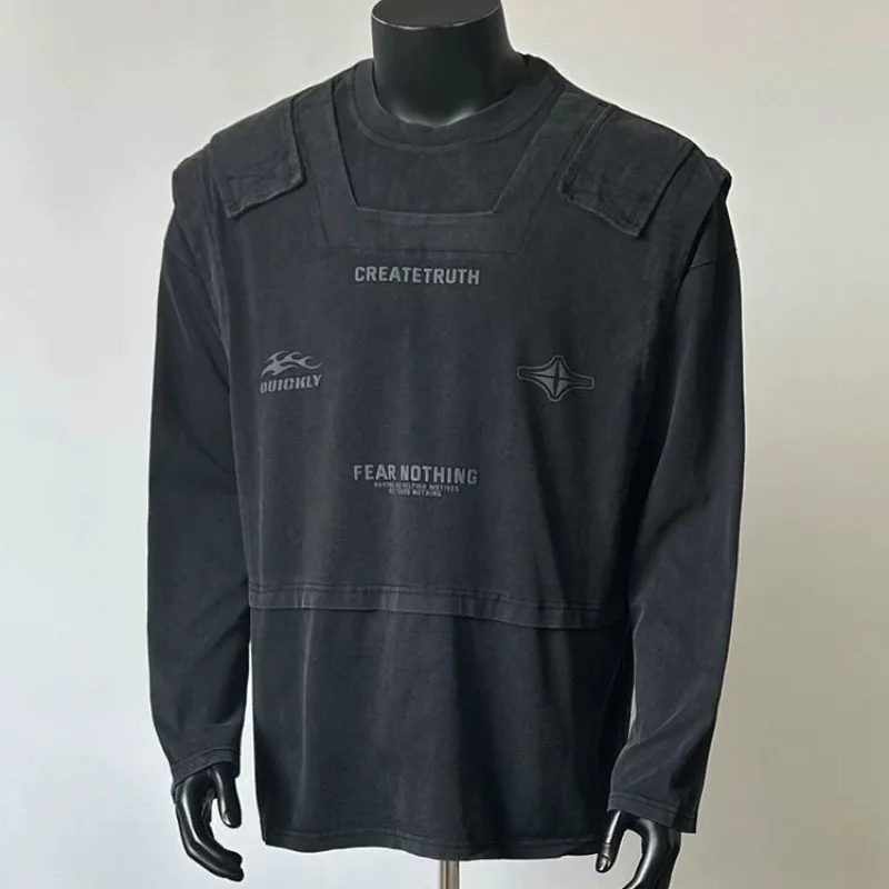 Spring Autumn Plus Size Fake Two Piece Workwear Long Sleeved T-shirt for Men Niche Hip Hop Functional Style Foldable Loose Tops