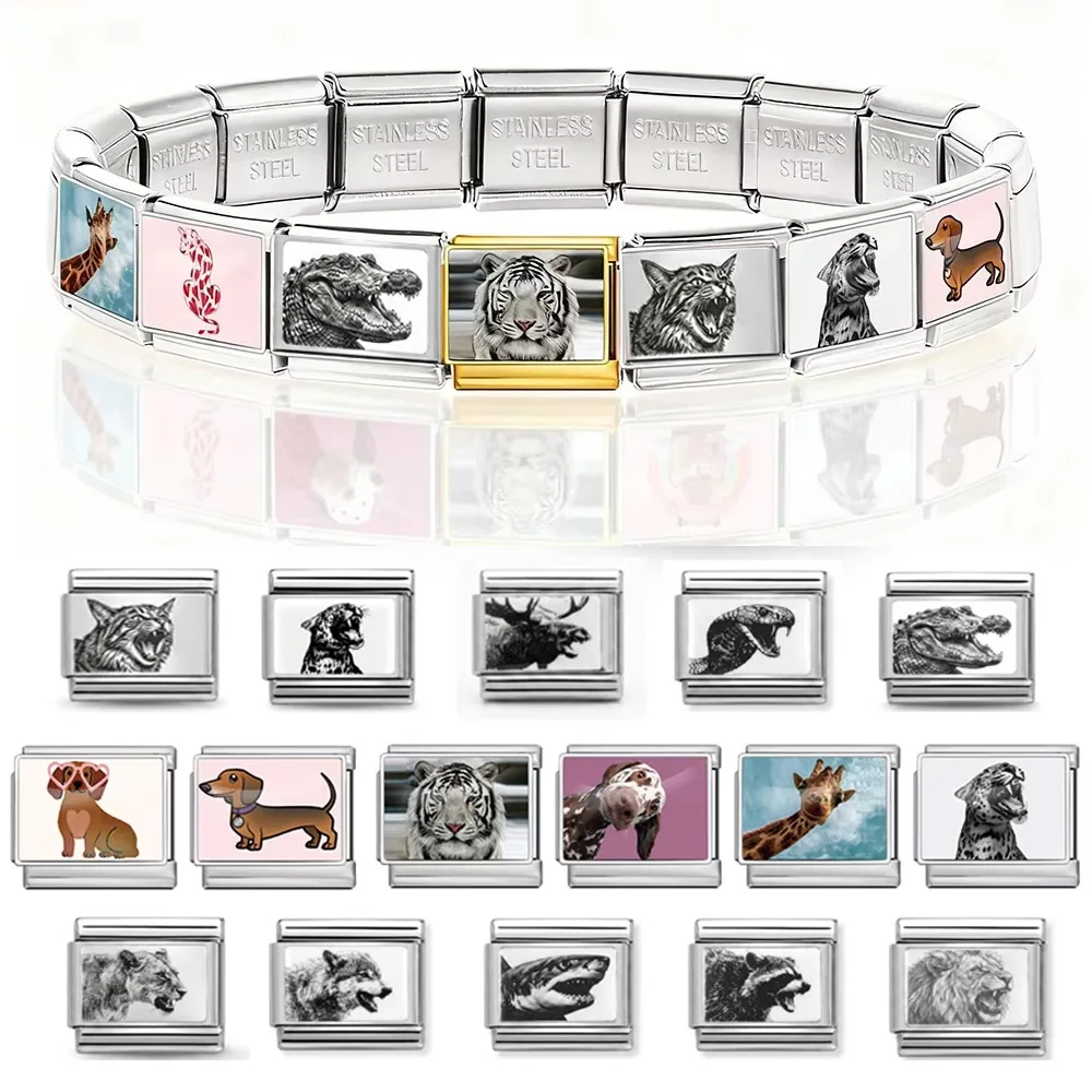 Dog Tiger Lion Bear Animal Series Italian Link Fit 9mm Stainless Steel Bracelet Making DIY Making Charm Jewelry Accessories