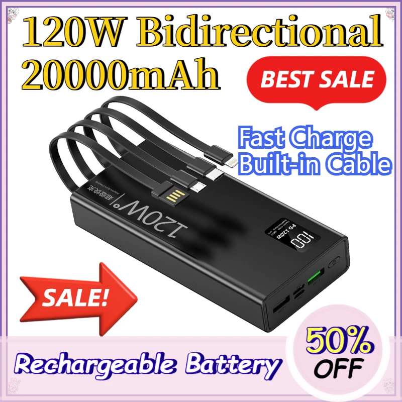 120W Super Fast Charging Power Bank 20000mAh Two-Way Quick Charge Battery Pack with Built-in Cable for iPhone Samsung Etc