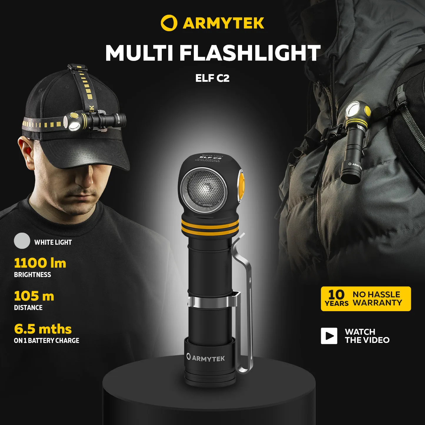Armytek Elf C2 USB-C (White / Warm Light) 1100 LM LED Headlamp with 1x18650 Battery