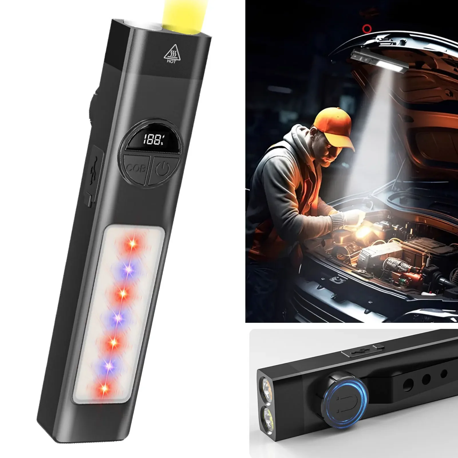 D2 Portable EDC Tactical Flashlight USB Rechargeable Torch Warning Led Emergency Magnetic Work Light for Camping Hiking Lamp