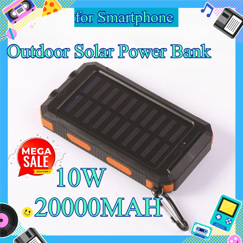 Outdoor Solar Power Bank 10W 20000mAh Large Capacity Strong Waterproof Compass Portable Mobile Power Supply for Smartphone