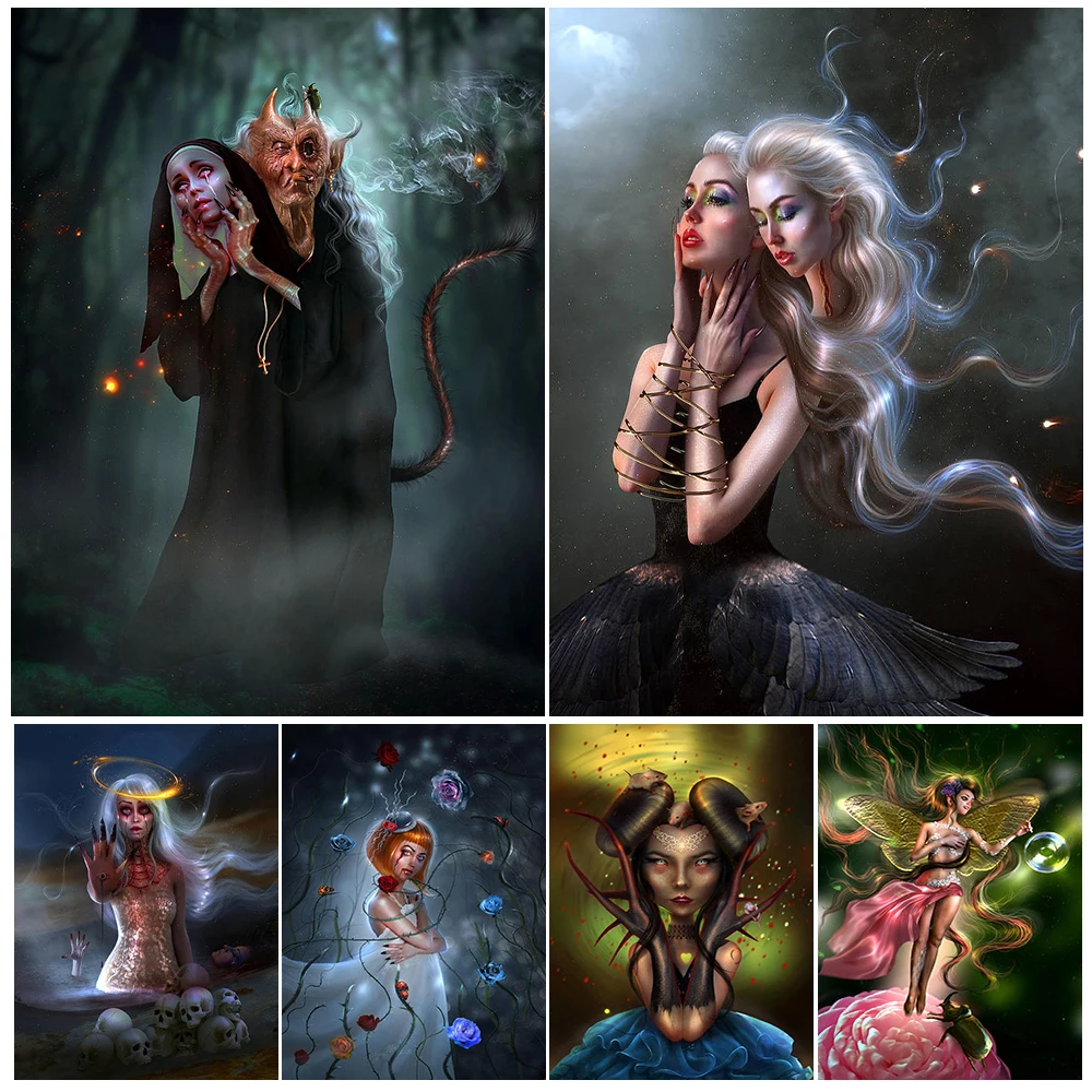 Girl In Wedding Dress And Death Scythe Creepy Art Poster Print Rose Plant In Body,Beetle Fairy Gothic Wall Art Canvas Painting