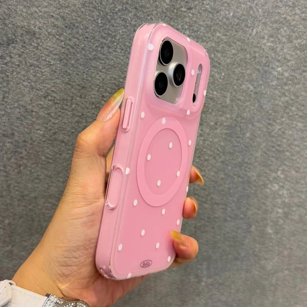 2 IN 1 Shockproof Full Screen White Pink Polka Dot Magnetic Phone Case for iPhone 17promax 17 16 15 Pro Max Cover for Magsafe