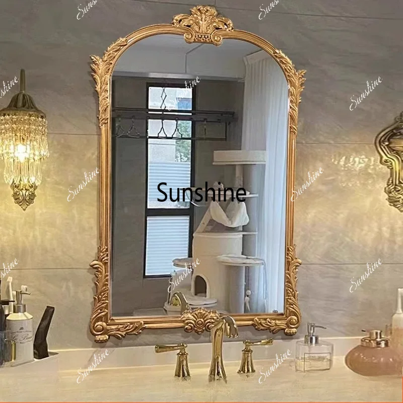 French retro smart bathroom mirror solid wood carving flower wall hanging makeup mirror