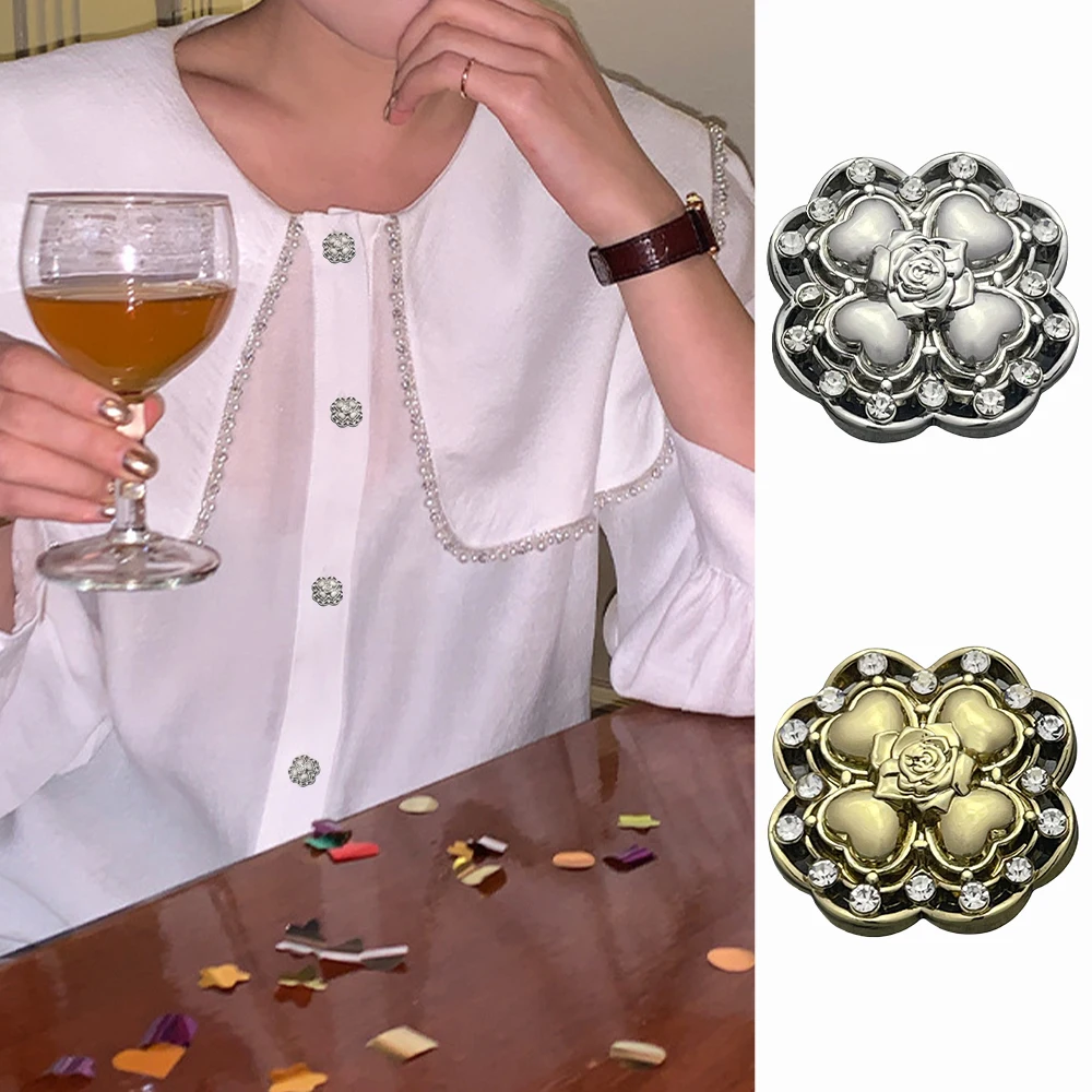 10 Pieces/set Rhinestone Flower Design Metal Buttons Suit Jacket Cardigan Coat Flower Shape Decorative Buttons Sewing Supplies