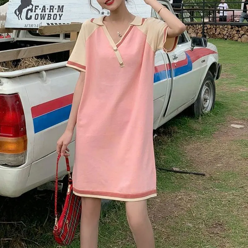 Summer Sweet Spliced Midi Dress Fashion Contrasting Colors Women's Clothing V-Neck Button Casual Short Sleeve Straight Dresses