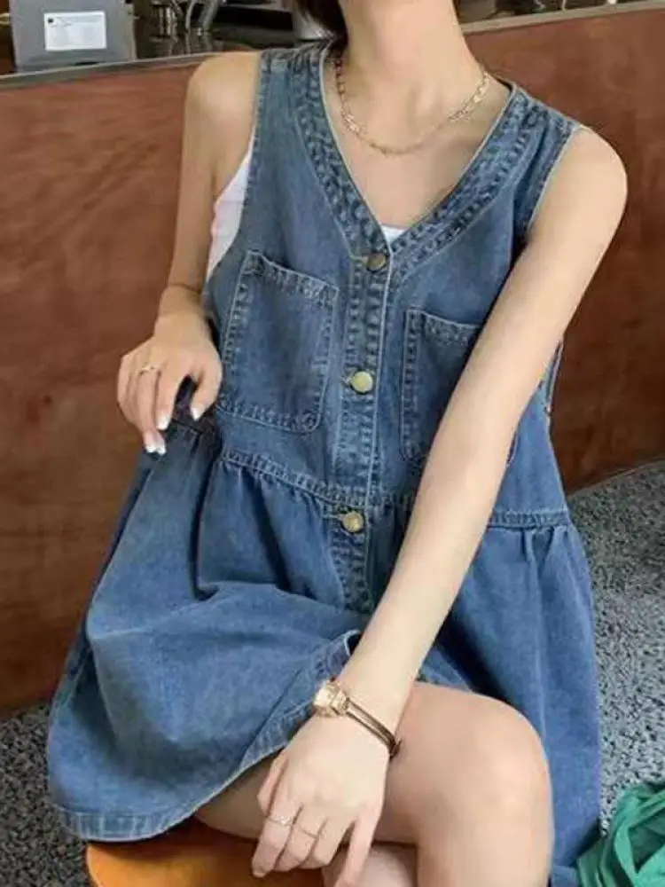 Sleeveless Strap Dress Women 2026 Summer Single-Breasted Pockets Denim Dresses Woman Korean Style Loose A Line Mini Dress