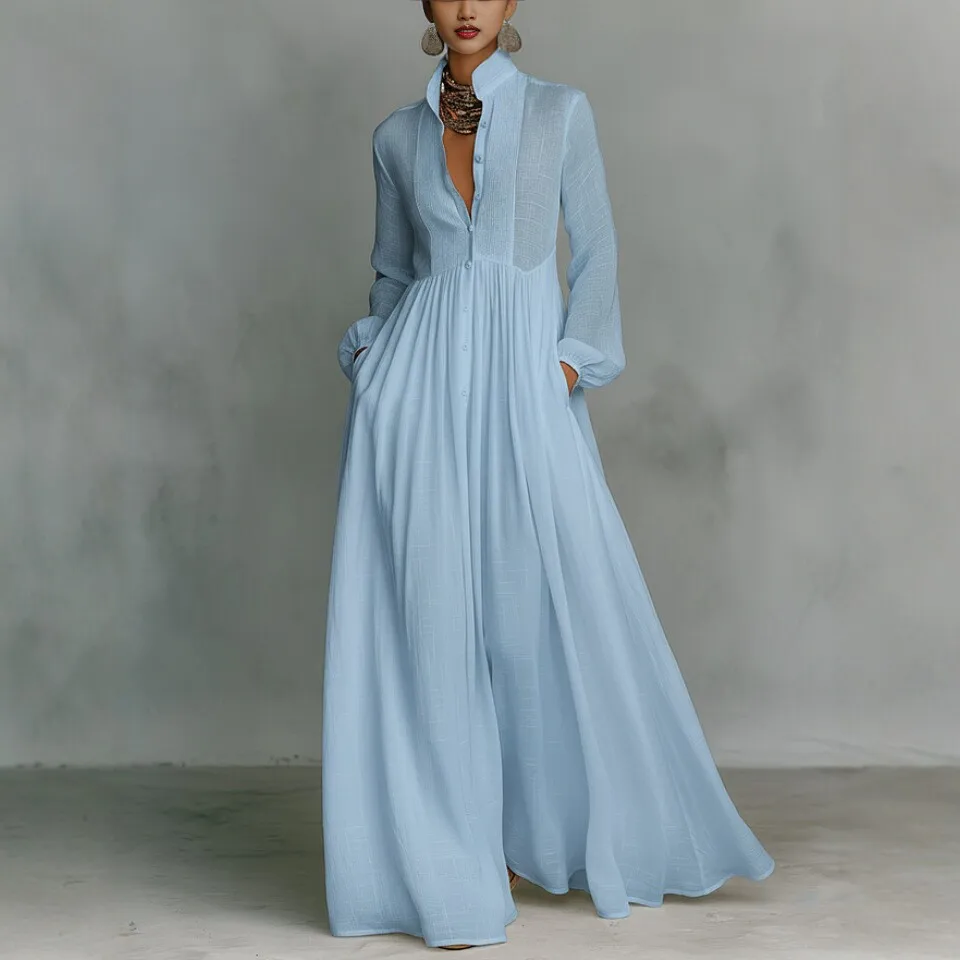 Women's Long Sleeve Dress Shirt Collar High Waist Pocket Temperament Evening Elegant Solid Color Fashion Female's Long Dress