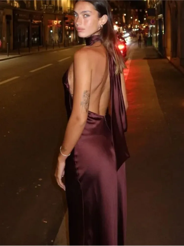 Elegant Solid Color Satin Halter Lace Up Long Dress Sexy Off Shoulder Backless Sleeveless Bodycon Dresses New Lady Party Robe