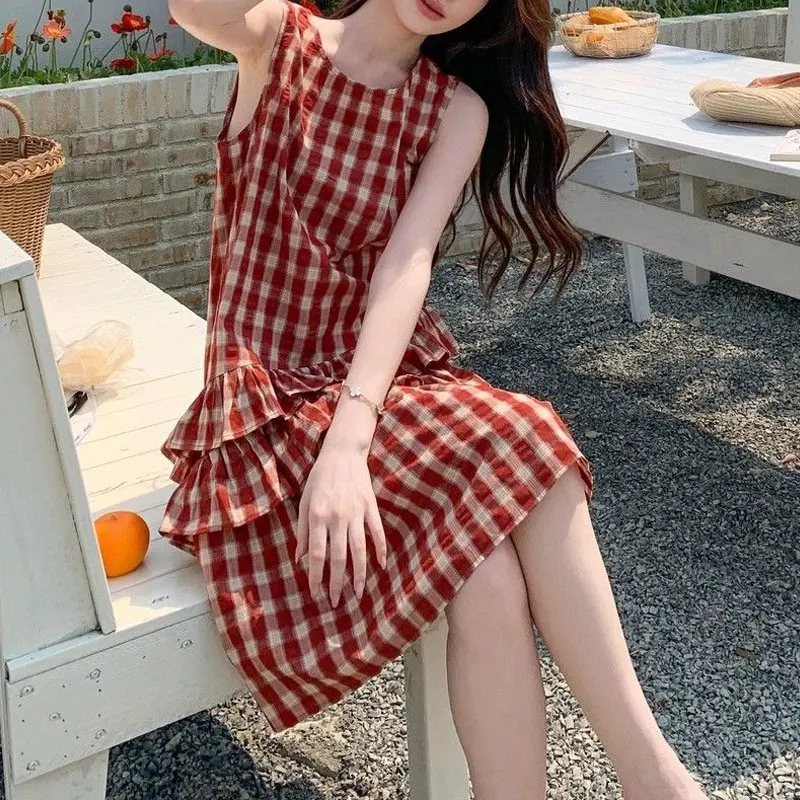 Fashionable Ruffles Patchwork Dresses Summer Vintage Plaid Women's Clothing Casual O-Neck Sleeveless Hong Kong Style Midi Dress
