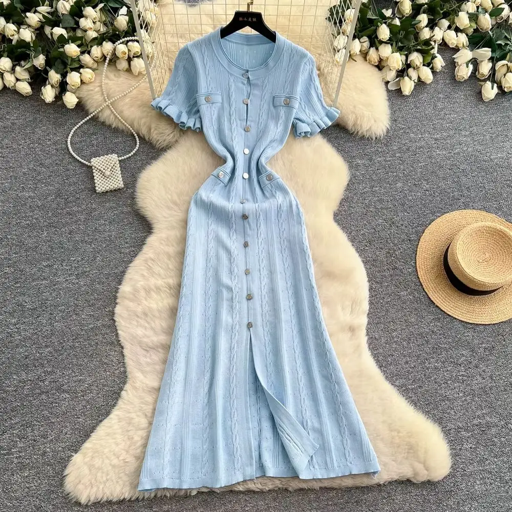 Summer Elegant Knitted Long Dress for Women Short Sleeve O Neck Button Detail Bodycon Style Single Breasted Female Party Vestido