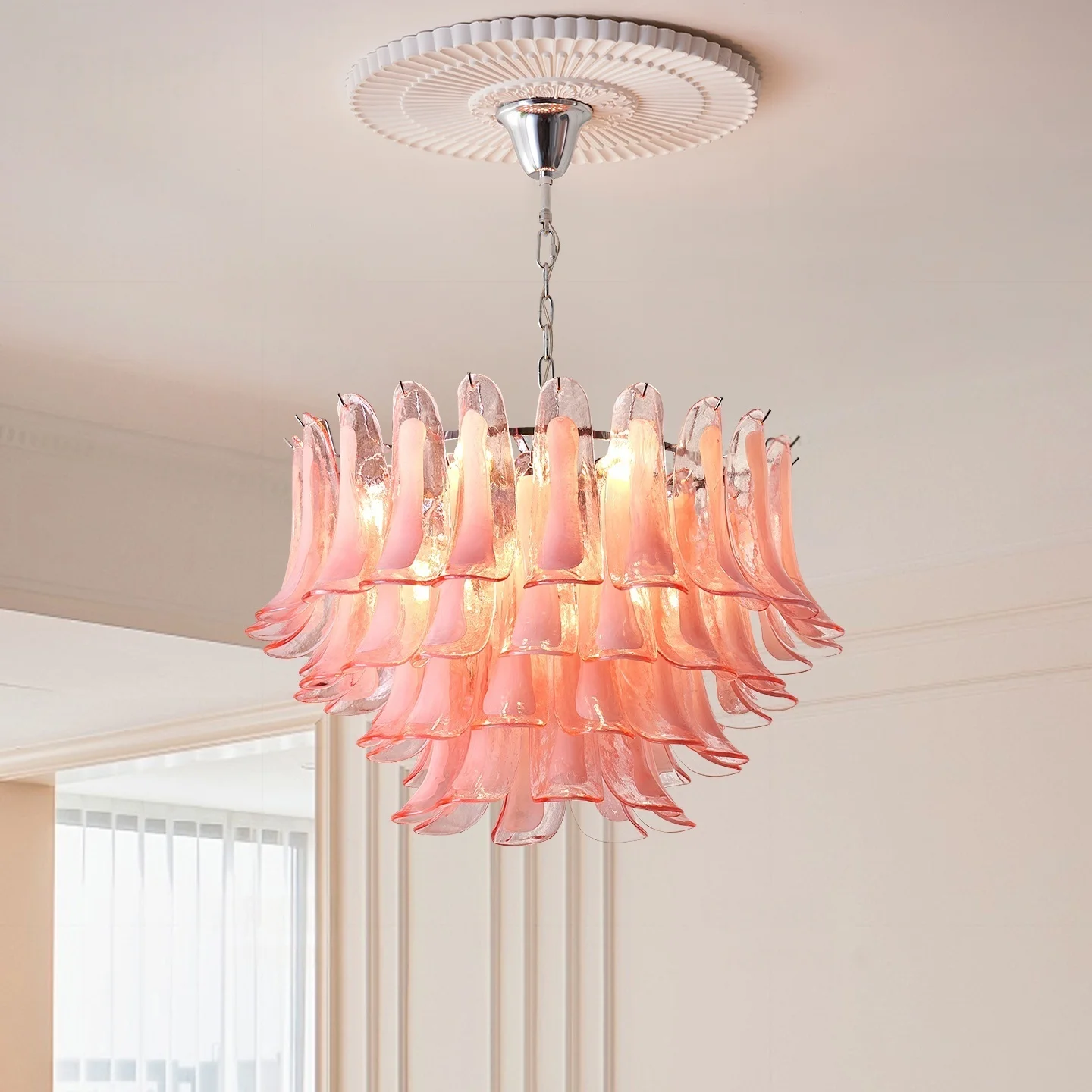 French Murano Petal Glass Chandelier Dining Table Living Room Antique Style Pink Petal Glass Pendant Chandelier Lights Bedroom