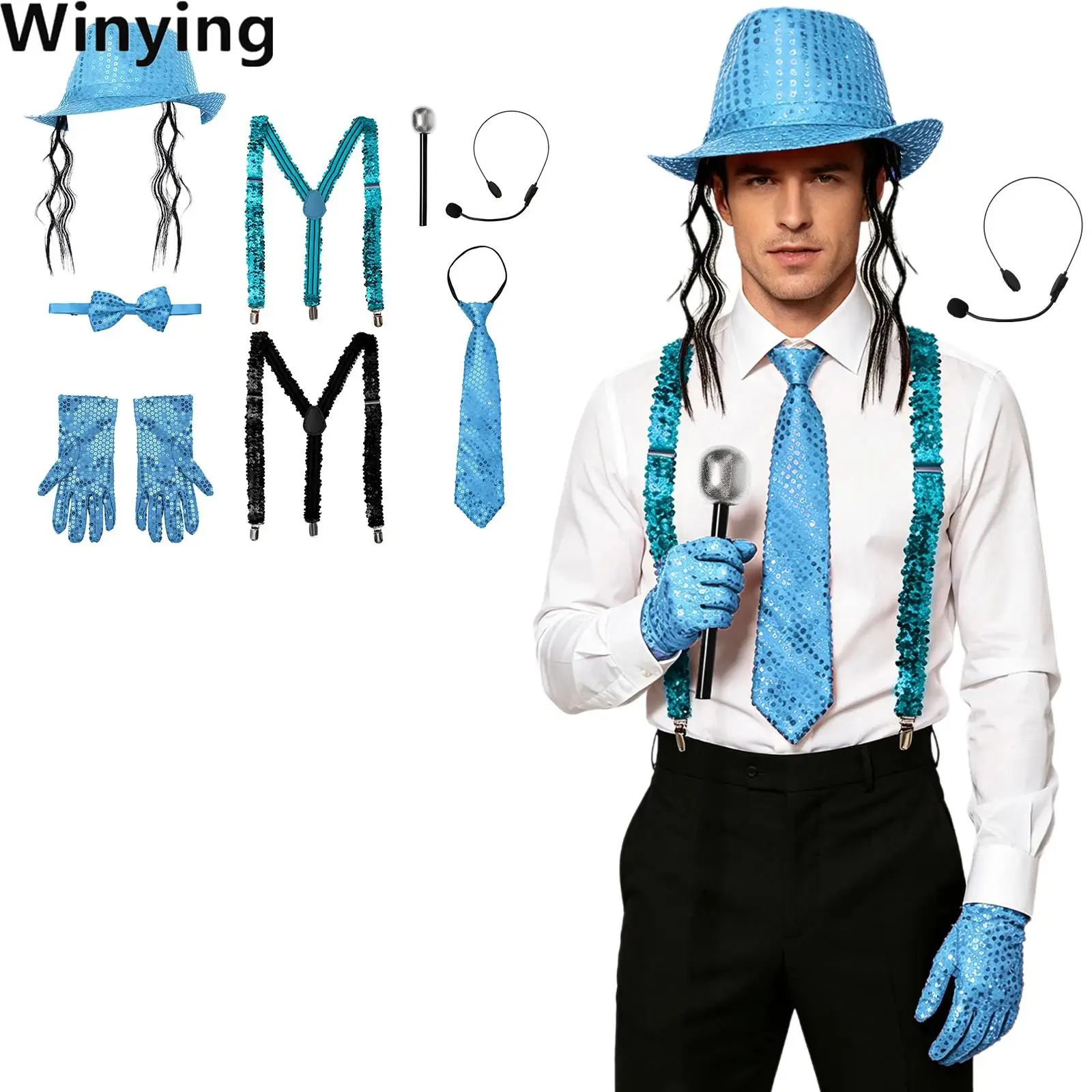 Adults Retro Disco Sequin Wig Hat Cap Y-back Elastic Suspender Necktie Adjustable Bow Tie Gloves with Faux Microphone Headset