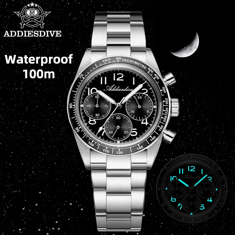 ADDIESDVIE VK63 Men Chronograph Watch Nylon Strap 316L Stainless Steel 10Bar Waterproof BGW9 Super Luminous Quartz Watch AD2517