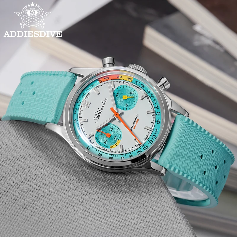 ADDIESDIVE VK64 Chronograph Watches 38mm Men's Quartz Watch 100m Waterproof Fluorocarbon Rubber Bubble Glass Luminous Wristwatch