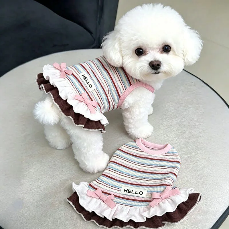 Lace Dog Dress Spring/Summer Thin Dog Clothes Rainbow Stripes Bichon Frise Strap Teddy Breathable Skirt