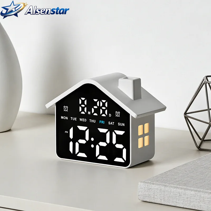 LED Digital Alarm Clock Cute House Shaped Night Light Multifunctional Minimalist Desk Clock Bedroom Kids Home Office Decor Gift