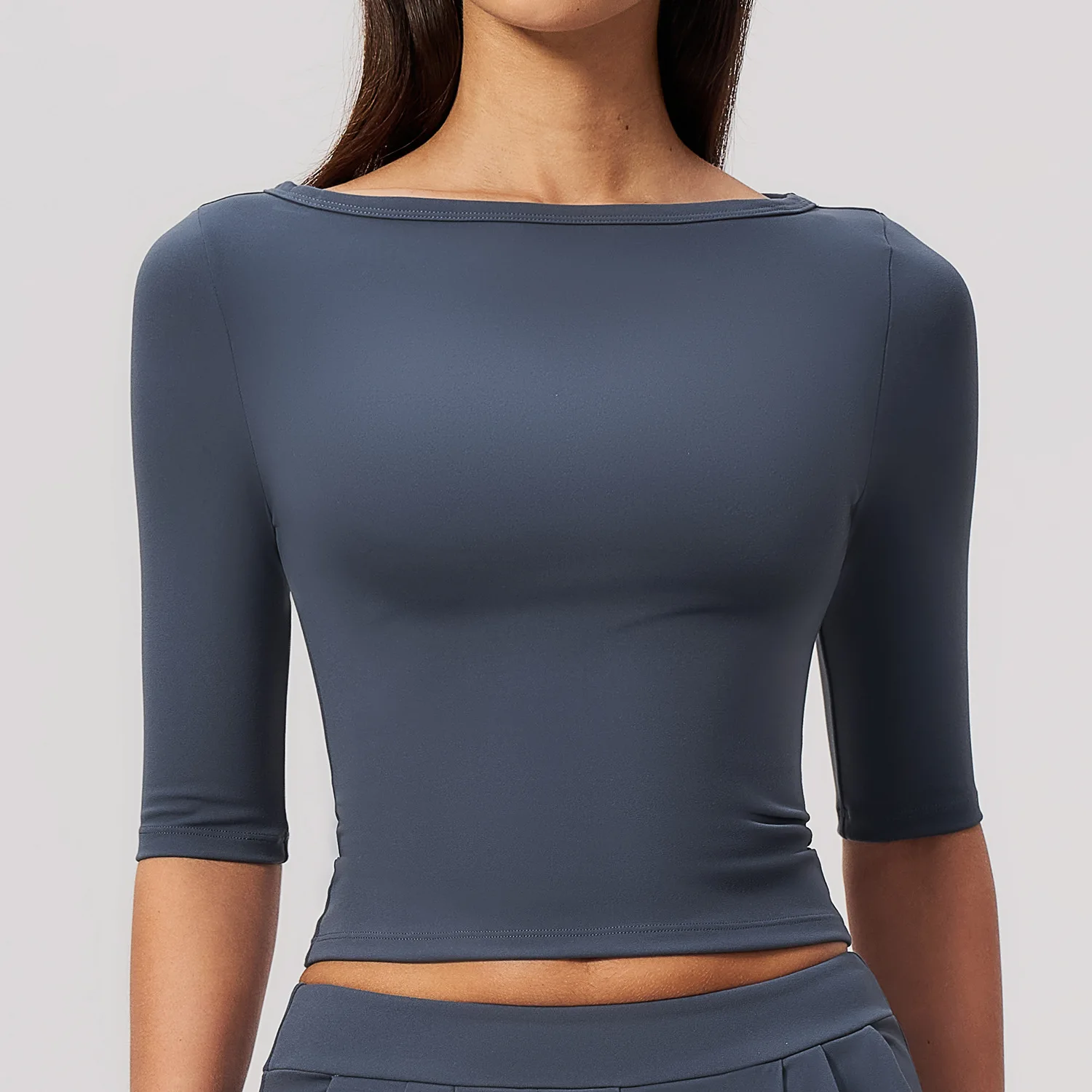 Yoga Mid Sleeve Womens Fitness T-shirt top Running Workout Gym Wear Top Boat Neck Cropped Slim Fit Stretch Sporty Tee Activewear