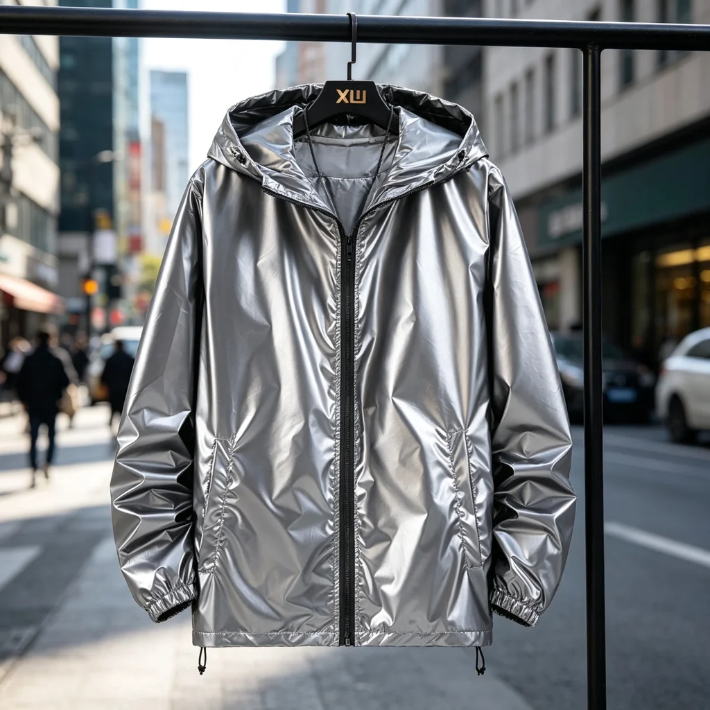 Spring and Autumn Shiny Jacket, Large-Sized Trendy Brand,Bright Fabric Silver Men's Reflective Coat Casual Hooded Sporty Jackets