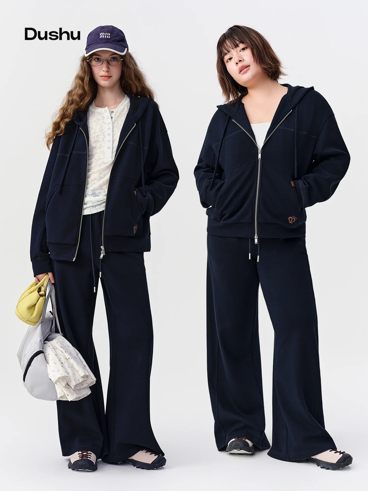DUSHU 2026 Fall Women's Zip-Up Hoodie & Wide Leg Pants Set, Relaxed Fit Cropped Jacket  Lounge Trousers Athleisure Street Style